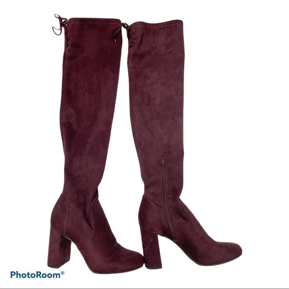BP Over the Knee Burgundy velvet like block heel